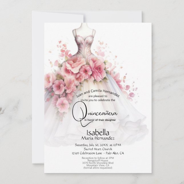 Convite Quinceañera | Vestido Camélia Rosa e Branco (Frente)