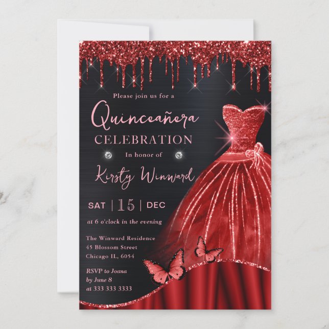 Convite Quinceanera, Vestido De Lâmpada Vermelha Por Aquar (Frente)