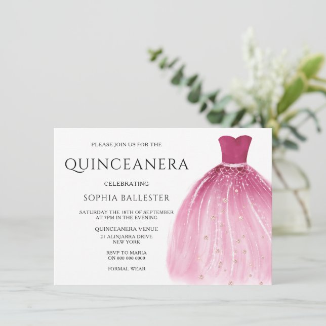 Convite Quinceanera, Vestido De Sereia Rosa (Em pé/Frente)