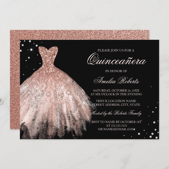 Convite Quinceanera, Vestido Dourado Rosa negro, Quinceane (Frente/Verso)