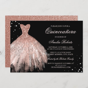 Convite Quinceanera, Vestido Dourado Rosa negro, Quinceane