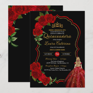 Convite Quinceanera, Vestido Elegante Dourado e Preto da r