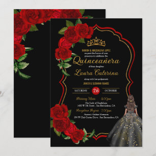 Convite Quinceanera, Vestido Elegante Dourado e Preto da r