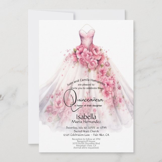 Convite Quinceañera | Vestido Floral Rosa (Frente)