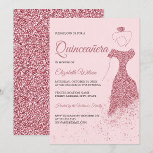 Convite Quinceanera, Vestido Glitter Dourado, rosa