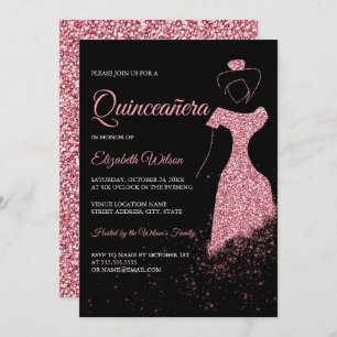 Convite Quinceanera, Vestido Glitter Dourado Rosa preto