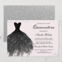 Convite Quinceanera, Vestido Preto Cinza Rosa