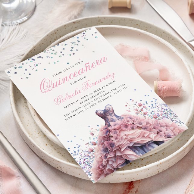 Convite Quinceanera, Vestido Rosa Floral Elegante (Criador carregado)