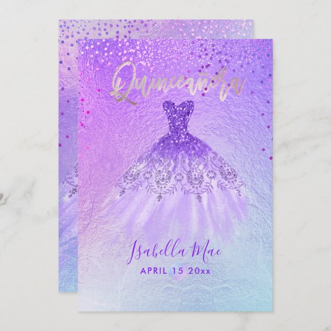 Convite Quinceanera Violet+Blue Gown+Confetti (Frente/Verso)