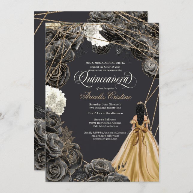 Convite Quinceañera w Rosas Pretos, palhaço Dourado e bril (Frente/Verso)