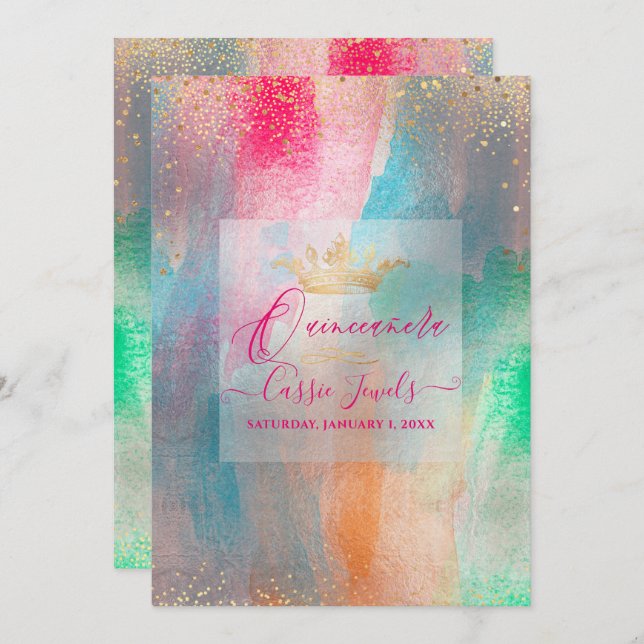 Convite Quinceanera Watercolor Brushstrokes Iridescentes (Frente/Verso)