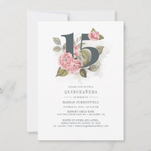 Convite Quinceanera Watercolor Floral Pink 15, Aniversári
