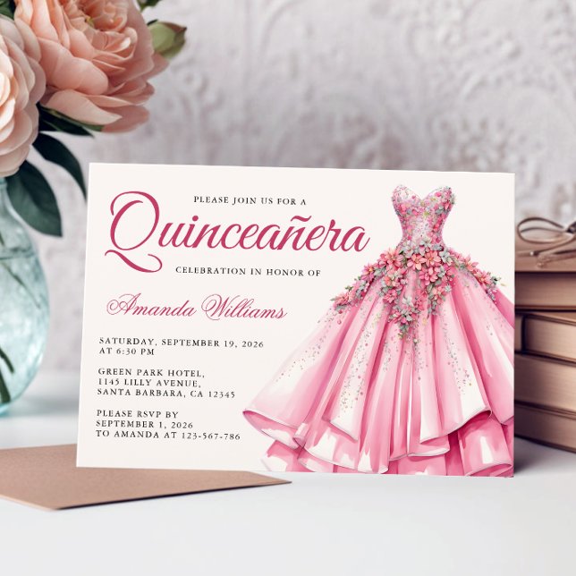 Convite Quinceanera Watercolor Rosa Dourada Gown (Criador carregado)