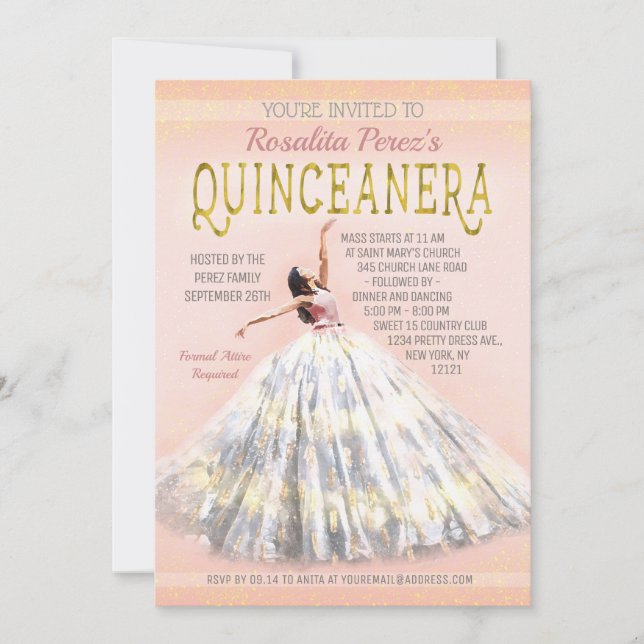 Convite Quinceanera Watercolor Vestir Linho Dourado Rosa (Frente)