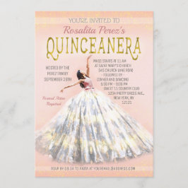 Convite Quinceanera Watercolor Vestir Linho Dourado Rosa