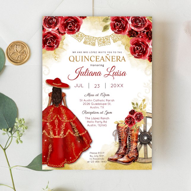 Convite Quinceañera Western Red Dourada Charra Boots Flora (Criador carregado)