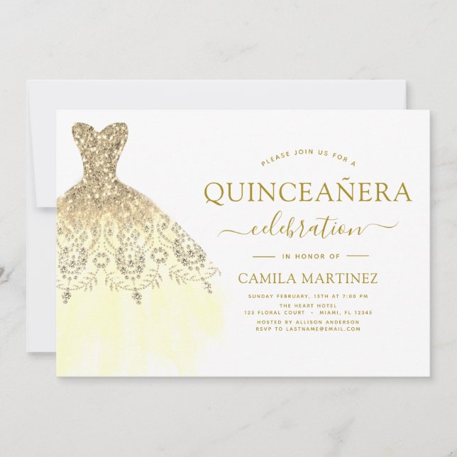 Convite Quinceanera White e Glitter Sparkle Dourado (Frente)