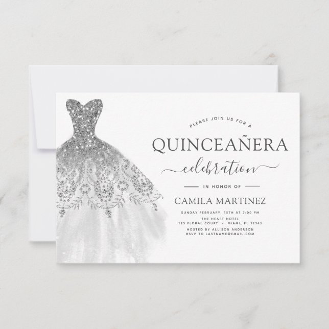 Convite Quinceanera White e Silver Glitter Sparkle (Frente)