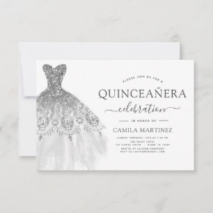 Convite Quinceanera White e Silver Glitter Sparkle