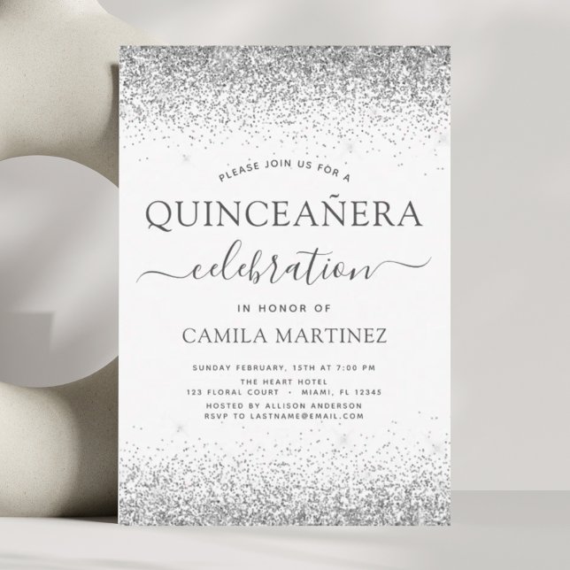 Convite Quinceanera White Silver Modern Glitter Sparkle (Criador carregado)