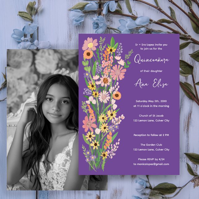 Convite Quinceañera Wildflower Foto Personalizada Pintada (Quinceañera Wildflowers Handpainted Custom Photo Invitation
)