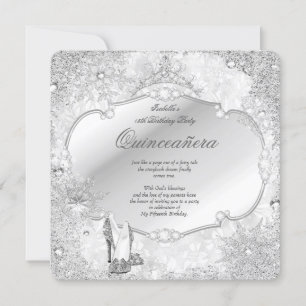 Convite Quinceanera Winter Wonderland Floco de Neve Prata 