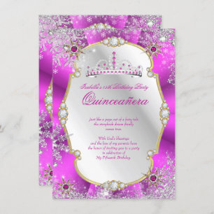 Convite Quinceanera Winter Wonderland Hot Pink Prata Doura