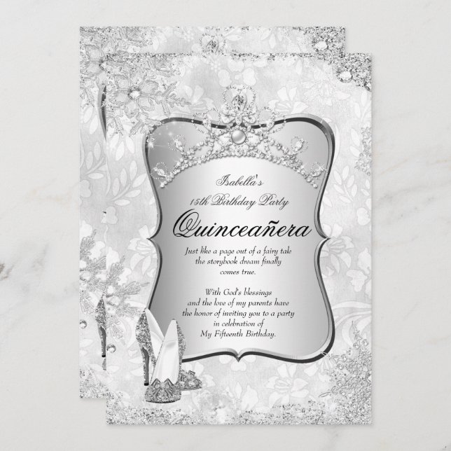 Convite Quinceanera Winter Wonderland Silver Snowflake 2 (Frente/Verso)