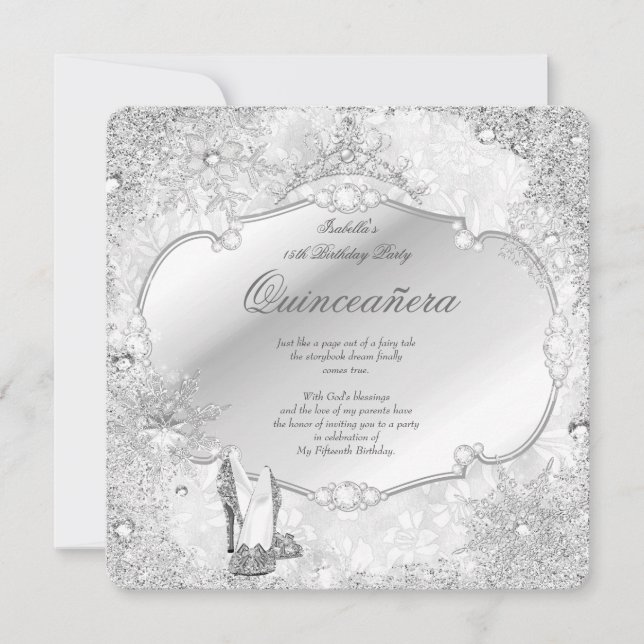 Convite Quinceanera Winter Wonderland Silver Snowflake A (Frente)