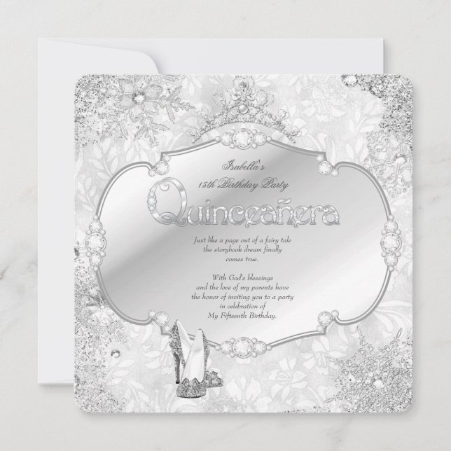 Convite Quinceanera Winter Wonderland Silver Snowflake B (Frente)