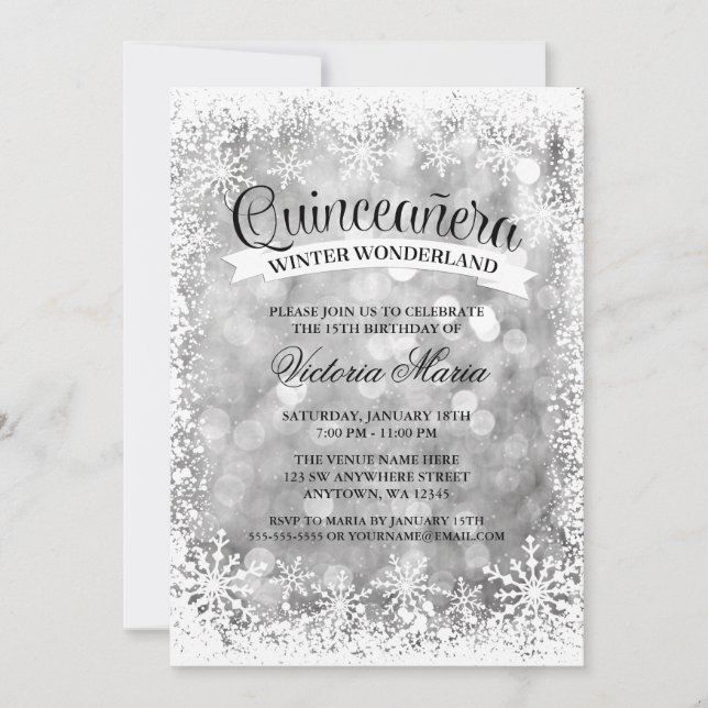 Convite Quinceanera Winter Wonderland Silver Sparkle (Frente)