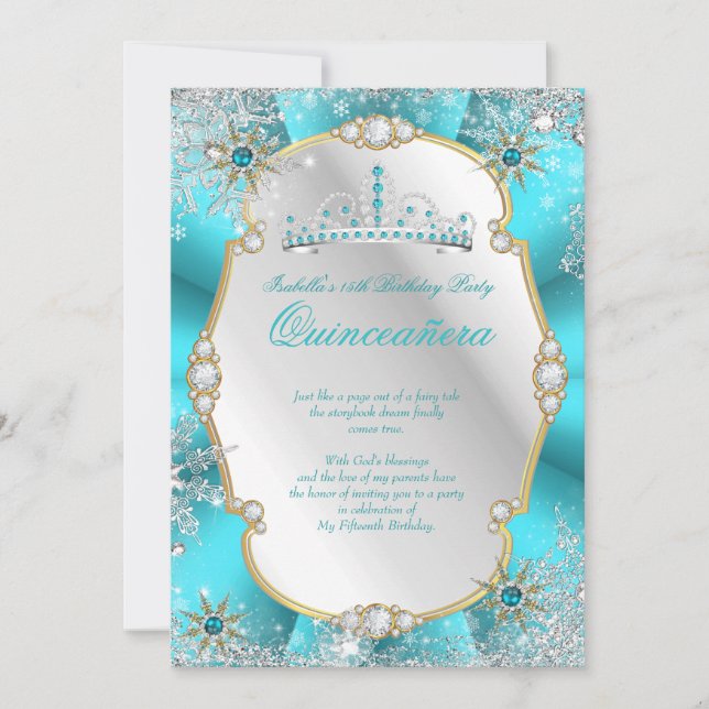 Convite Quinceanera Winter Wonderland Teal Dourado Silver (Frente)