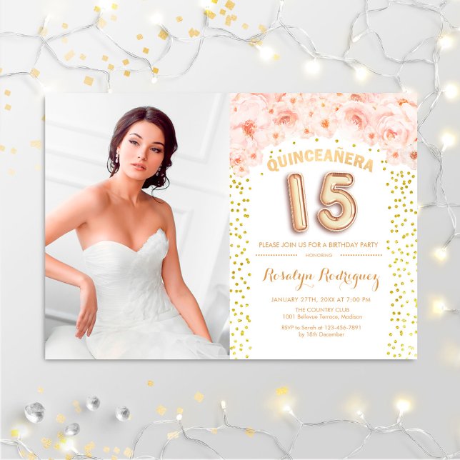 Convite Quinceanera With Photo Gold Pink Floral (Criador carregado)