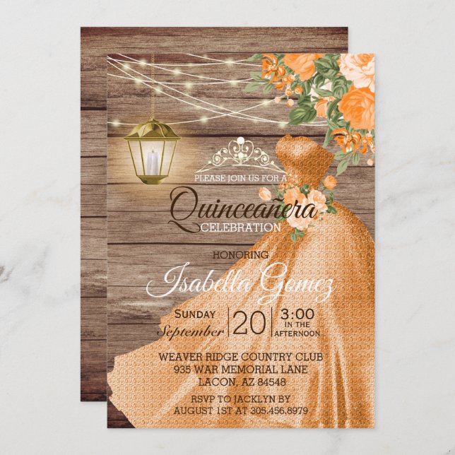 Convite Quinceañera Wood and Orange Flowers (Frente/Verso)