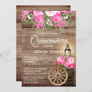 Convite Quinceañera Wood Barrel e Flores Rosa