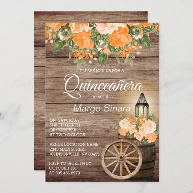 Convite Quinceañera Wood Barrel e Orange Flowers (Frente/Verso)
