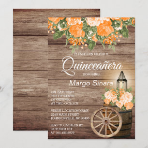 Convite Quinceañera Wood Barrel e Orange Flowers