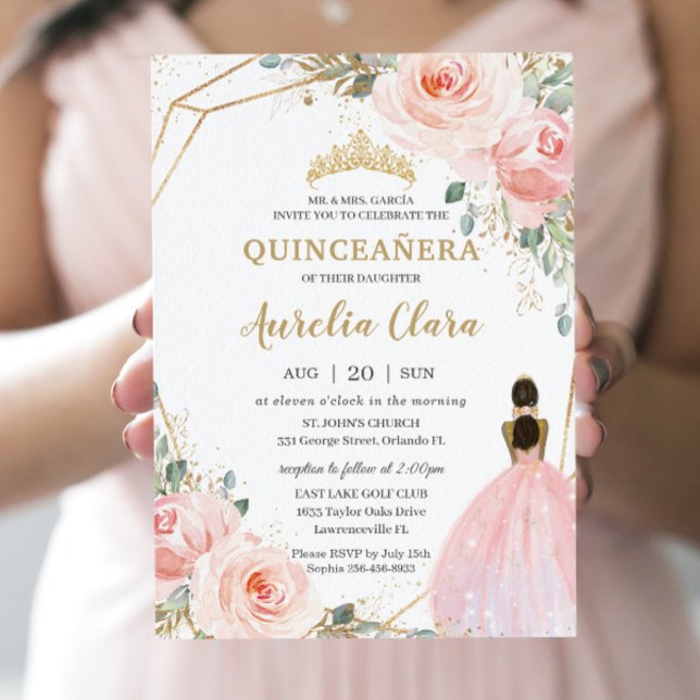 Convite Quinceañera XV Blush Pink Floral Princesa (Criador carregado)