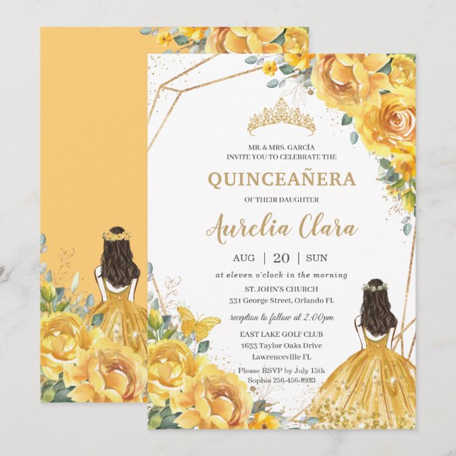Convite Quinceañera Yellow Floral Dourada Princesa 15 Anos (Frente/Verso)
