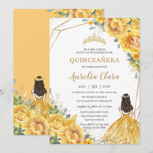 Convite Quinceañera Yellow Floral Dourada Princess 15 Ano