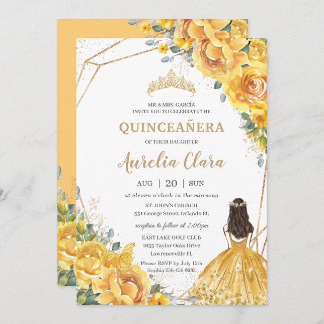 Convite Quinceañera Yellow Floral Dourada Princess 15 Anos (Frente/Verso)