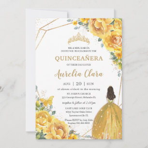 Convite Quinceañera Yellow Floral Princess Crown Anivers