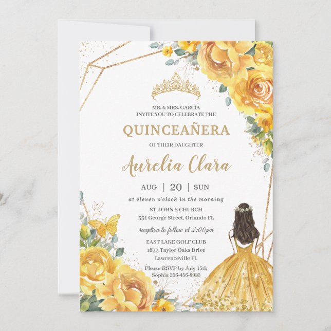 Convite Quinceañera Yellow Floral Rosa Princesa Aniversári (Frente)
