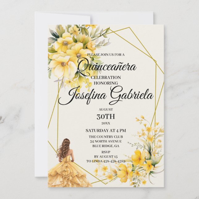Convite Quinceañera Yellow Gold Invitation (Frente)