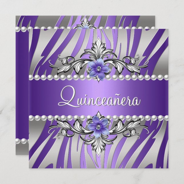Convite Quinceañera Zebra Pearle Silver (Frente/Verso)