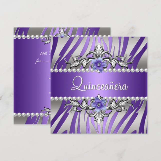 Convite Quinceañera Zebra Roxo Pérola Prata (Frente/Verso)