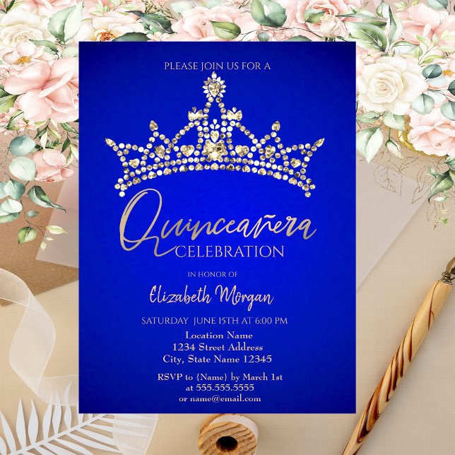 Convite Quinceñera Azul-Coroa Simples (Criador carregado)