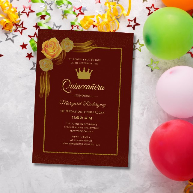 Convite quinceñera clássica floral e dourada (Criador carregado)