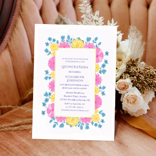 Convite quinceñera cor-de-rosa amarela e azul floral color