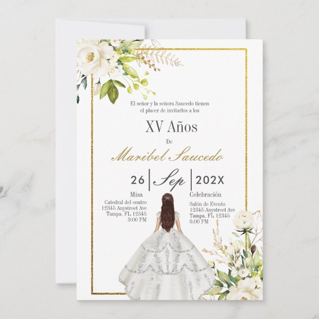 Convite Quinceñera de vestido branco (Frente)